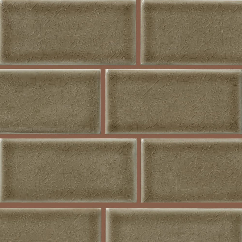 Artisan taupe handcrafted 3x6 glossy ceramic brown subway tile SMOT-PT-ARTA36 product shot multiple tiles wall view