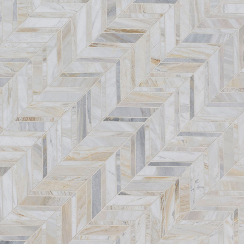 Athena gold chevron 11.81x11.81  honed marble mesh mounted mosaic tile SMOT-ATHGOL-CHEVH product shot angle view