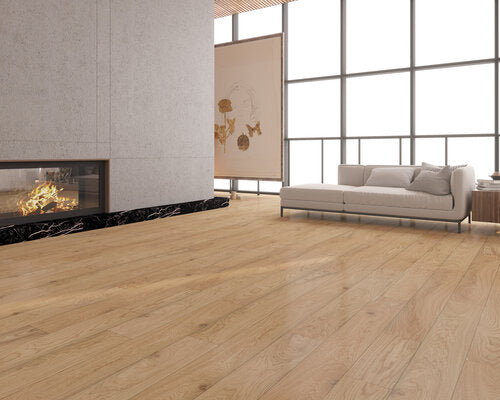Engineered Hardwood European Oak 7.5" Wide, 74.8" RL, 1/2" Thick Elysian Avant Natural - Mazzia Collection room shot living view 2