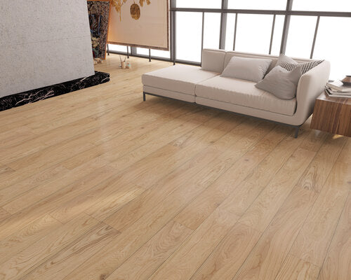 Engineered Hardwood European Oak 7.5" Wide, 74.8" RL, 1/2" Thick Elysian Avant Natural - Mazzia Collection room shot living view 3