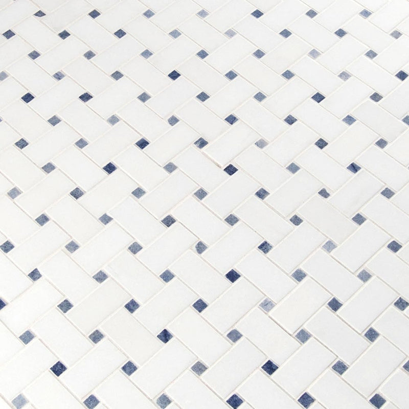 Azula basket weave 12X12 polished marble mesh mounted mosaic tile SMOT-AZULA-BWP product shot multiple tiles angle view