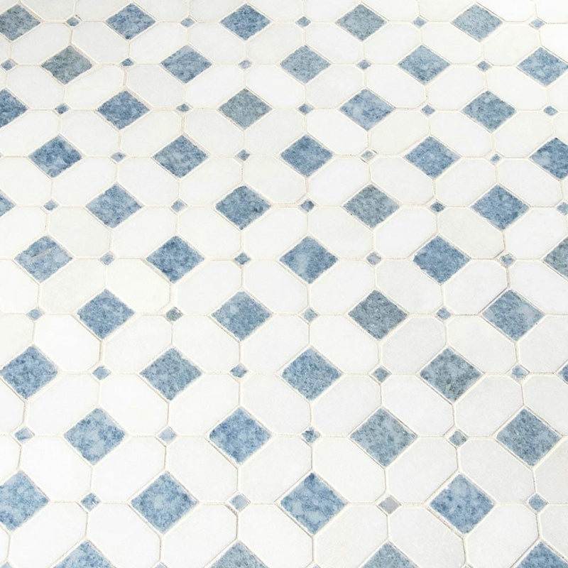 Azula hatchwork 12X12 polished marble mesh mounted mosaic tile SMOT-AZULA-HATHWRKP product shot multiple tiles angle view
