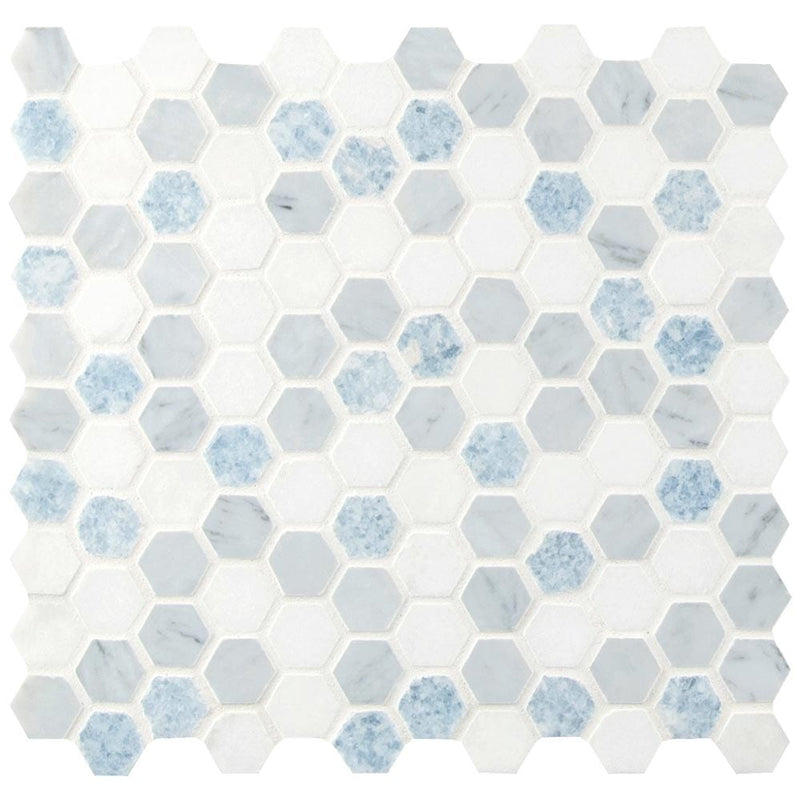 Azula hexagon 11.61X11.81 polished marble mesh mounted mosaic tile SMOT-AZULA-1HEXP product shot multiple tiles close up view