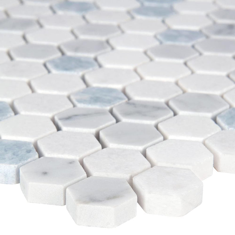Azula hexagon 11.61X11.81 polished marble mesh mounted mosaic tile SMOT-AZULA-1HEXP product shot profile view