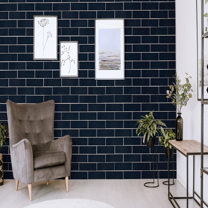Bay blue glazed 4x12 handcrafted ceramic wall tile SMOT-PT-BAYBLU412 room shot sitting view