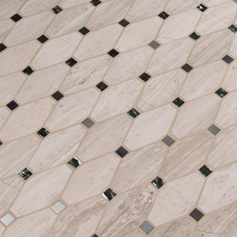 Bayview elongated octagon 11.81X13.4 glass metal stone mesh mounted mosaic tile SMOT-SGLSMT-BAYVIEW10MM product shot multiple tiles angle view