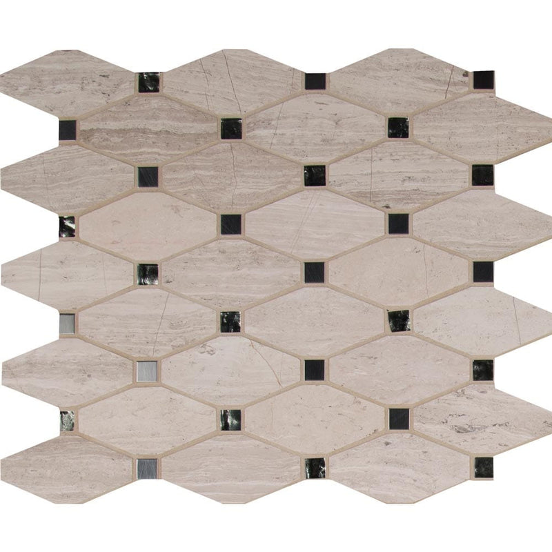 Bayview elongated octagon 11.81X13.4 glass metal stone mesh mounted mosaic tile SMOT-SGLSMT-BAYVIEW10MM product shot multiple tiles close up view