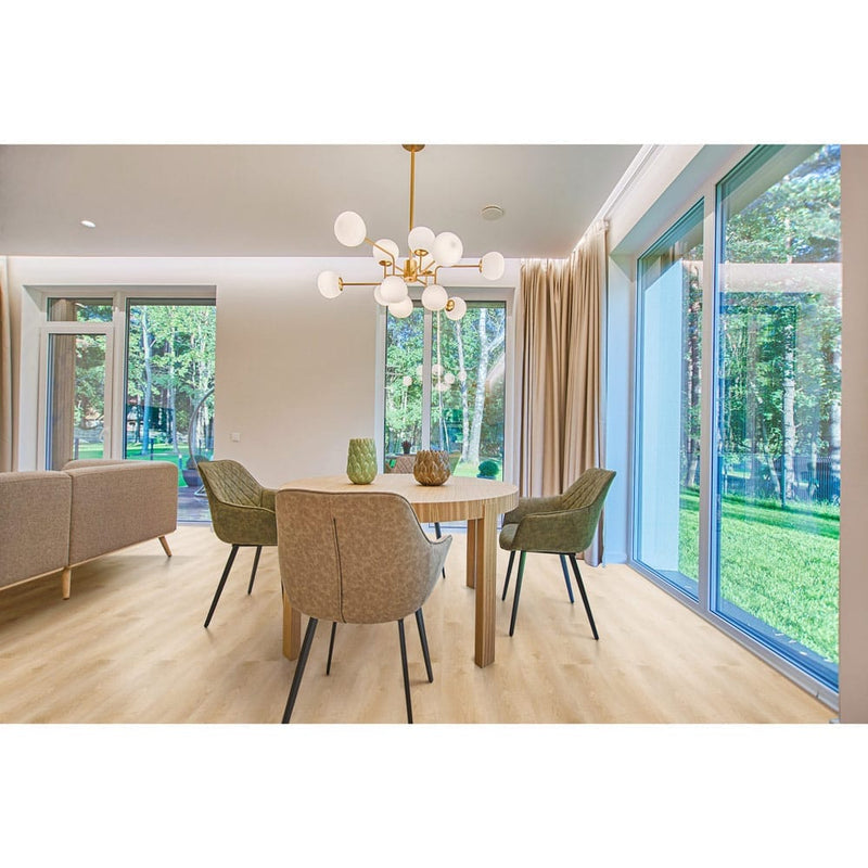 Beacon oak light rigid core luxury vinyl plank flooring 7x48 SPC14020748-22M installed on living room floor dining table