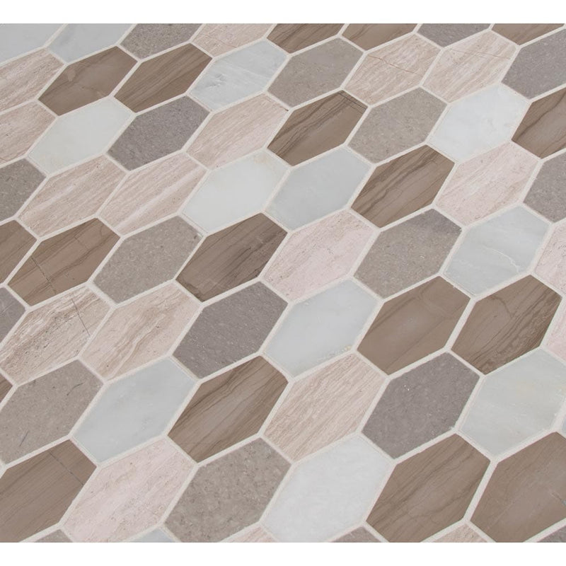 Bellagio blend elongated hexagon 11.63X12 honed marble mesh mounted mosaic tile SMOT-BELBLND-HEXEL10MM product shot multiple tiles angle view