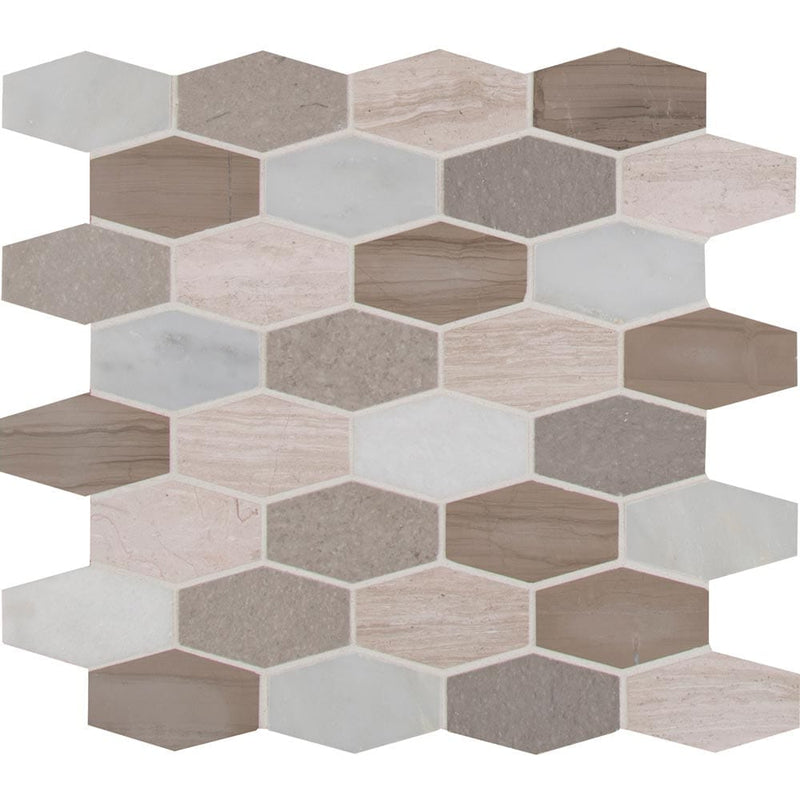 Bellagio blend elongated hexagon 11.63X12 honed marble mesh mounted mosaic tile SMOT-BELBLND-HEXEL10MM product shot multiple tiles close up view