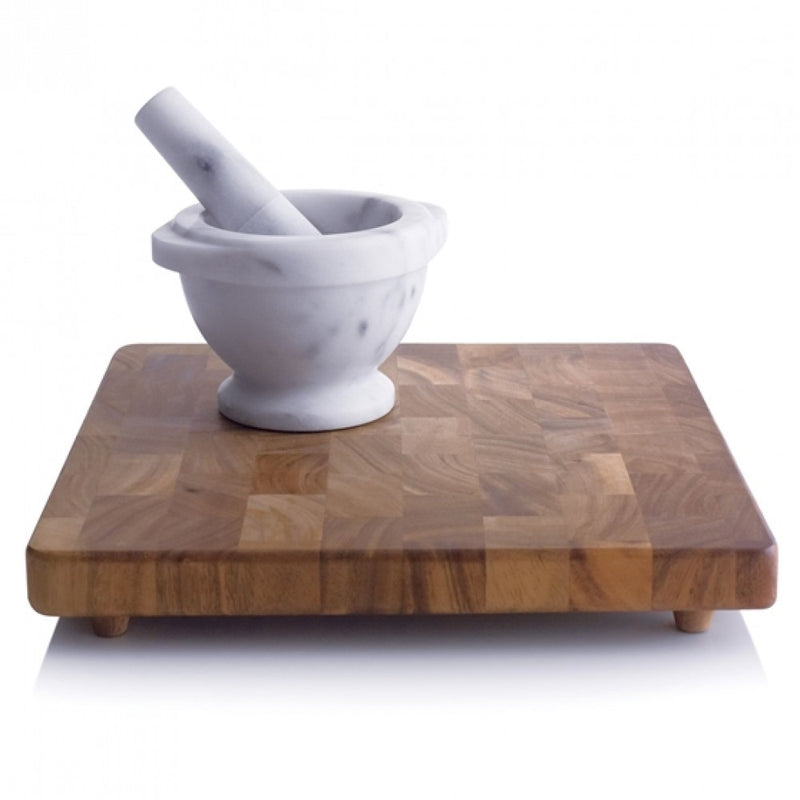Bianco Carrara genuine white marble mortar pestle on wooden cutting board