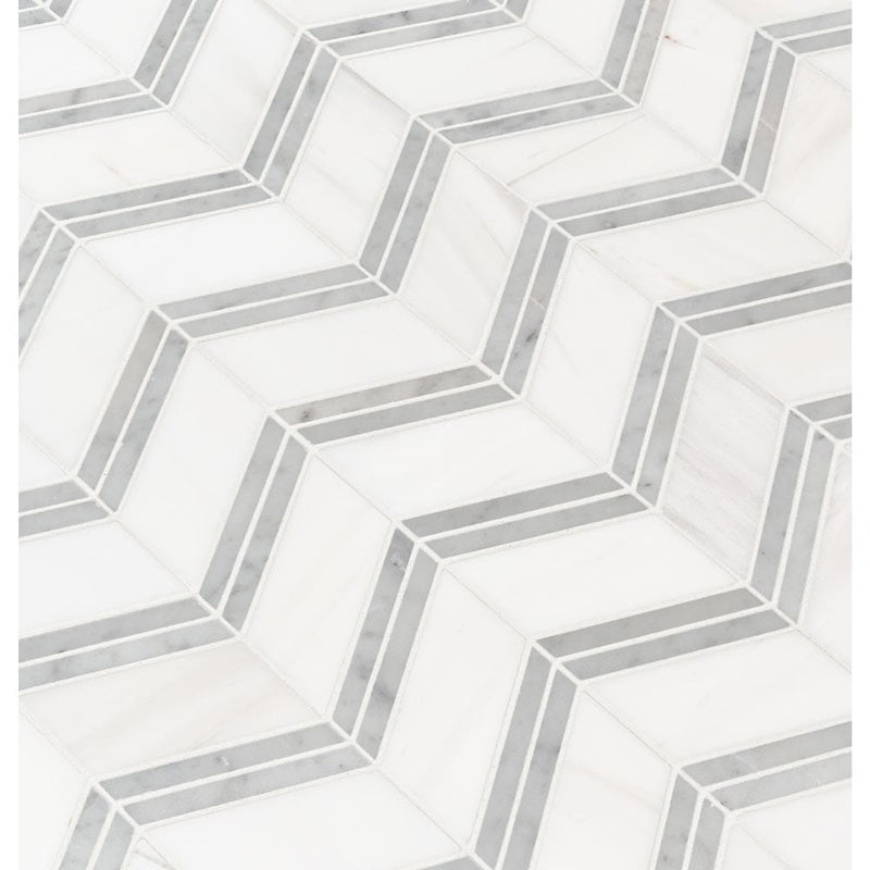 Bianco dolomite chevron 12X12 polished marble mesh mounted mosaic tile SMOT-BIANDOL-CHEP product shot multiple tiles angle view