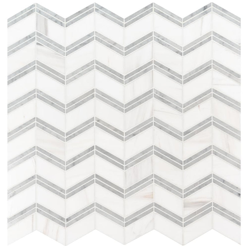 Bianco dolomite chevron 12X12 polished marble mesh mounted mosaic tile SMOT-BIANDOL-CHEP-product shot multiple tiles top view