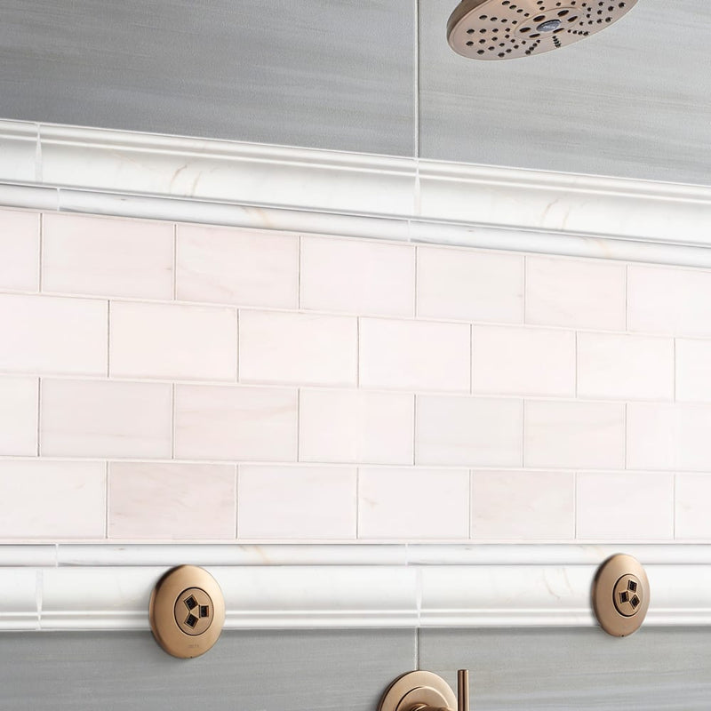 Bianco dolomite cornice molding 2X12 polished marble wall tile SMOT-CORNICE-BIANDOL product shot bathroom closeup wall view