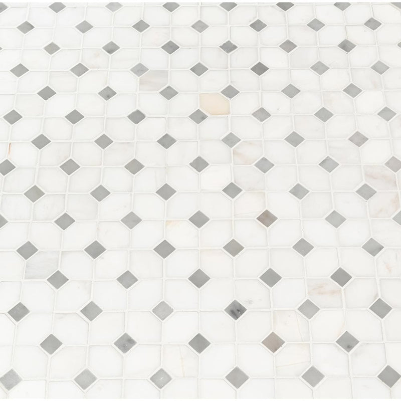 Bianco dolomite dotty 12.31X12.36 polished marble mesh mounted mosaic tile SMOT-BIANDOL-DOTP product shot multiple tiles angle view