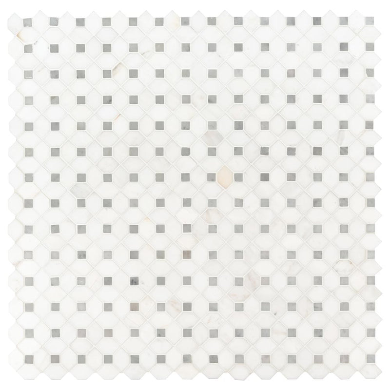 Bianco dolomite dotty 12.31X12.36 polished marble mesh mounted mosaic tile SMOT-BIANDOL-DOTP product shot multiple tiles top view