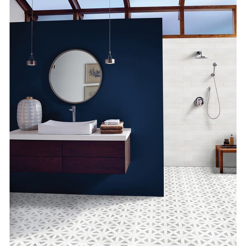 Bianco dolomite geometrica 12X12 polished marble mesh mounted mosaic tile SMOT-BIANDOL-GEOP product shot bath view