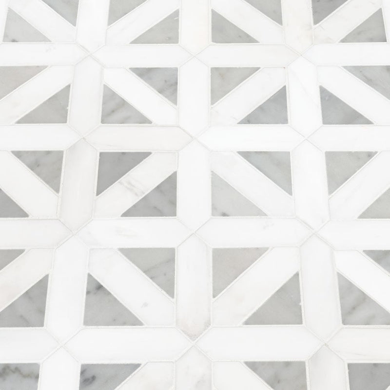 Bianco dolomite geometrica 12X12 polished marble mesh mounted mosaic tile SMOT-BIANDOL-GEOP product shot multiple tiles angle view