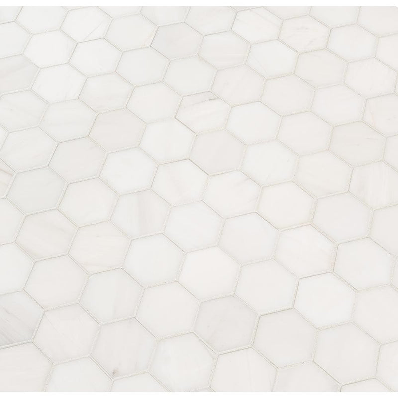 Bianco dolomite hexagon 11.75X12 polished marble mesh mounted mosaic tile SMOT-BIANDOL-2HEXP product shot multiple tiles angle view
