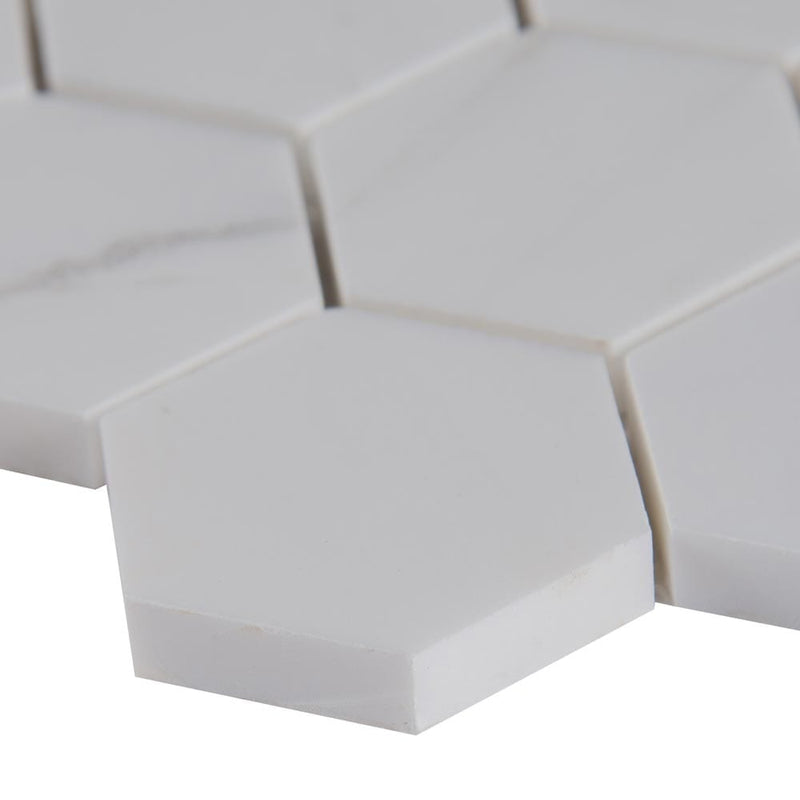 Bianco dolomite hexagon 11.75X12 polished marble mesh mounted mosaic tile SMOT-BIANDOL-2HEXP product shot profile view