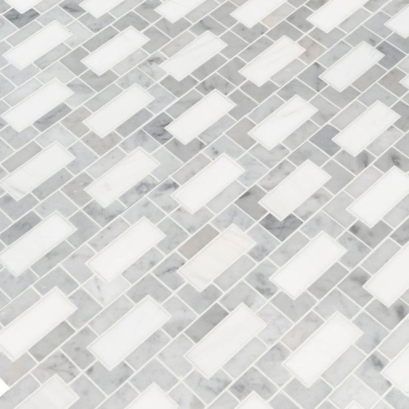 Bianco dolomite lynx 12X12 polished marble mesh mounted mosaic tile SMOT-BIANDOL-LYNXP product shot multiple tiles angle view