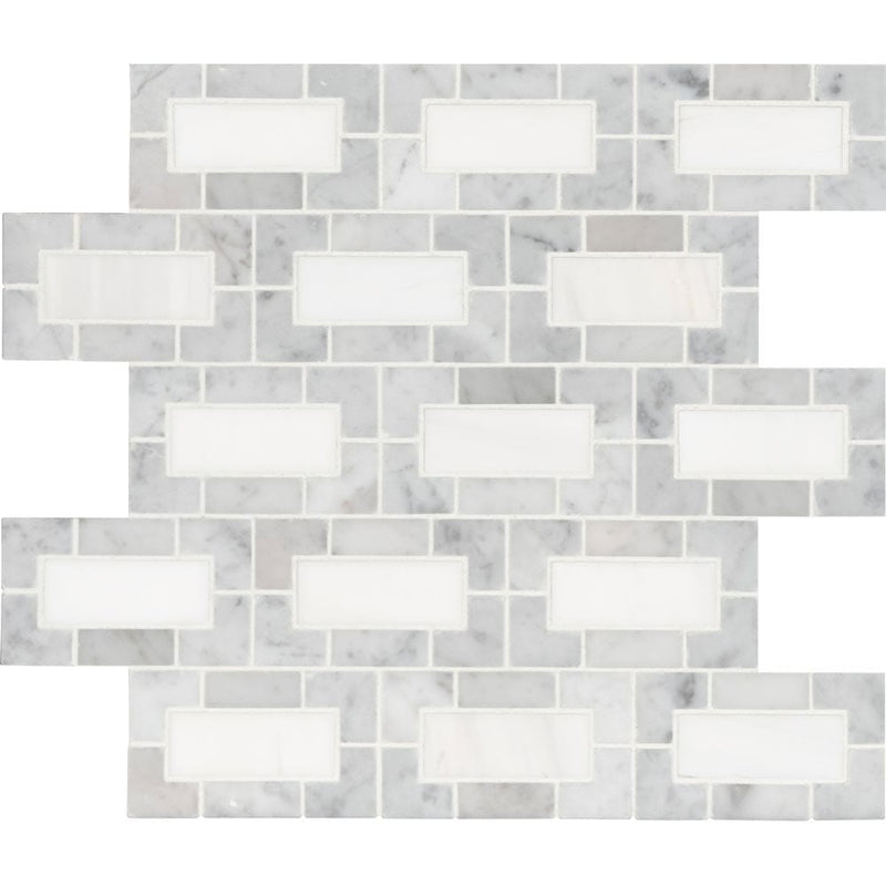 Bianco dolomite lynx 12X12 polished marble mesh mounted mosaic tile SMOT-BIANDOL-LYNXP product shot multiple tiles close up view