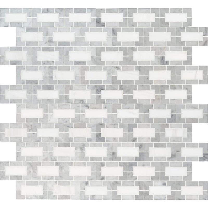 Bianco dolomite lynx 12X12 polished marble mesh mounted mosaic tile SMOT-BIANDOL-LYNXP product shot multiple tiles top view