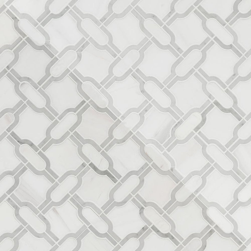 Bianco gridwork 12X12 polished marble mesh mounted mosaic tile SMOT-BIANDOL-GRIDP product shot multiple tiles angle view