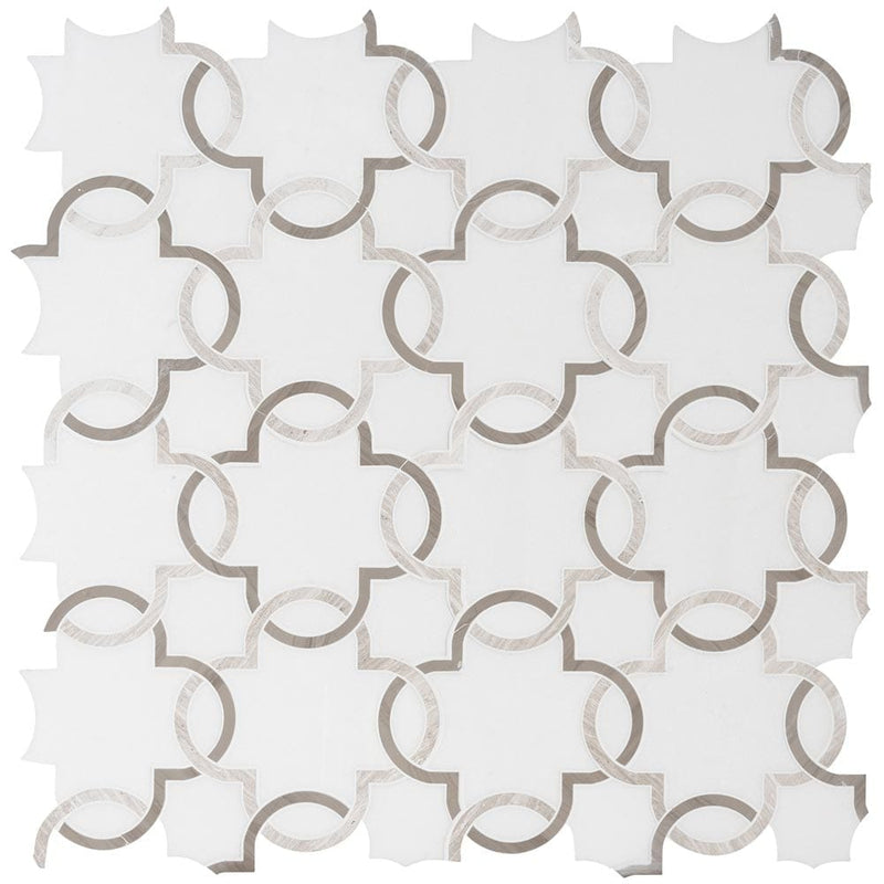 Bianco quatrefoil 12X12 polished marble mesh mounted mosaic tile SMOT-BIA-QTRFOILP product shot multiple tiles close up view