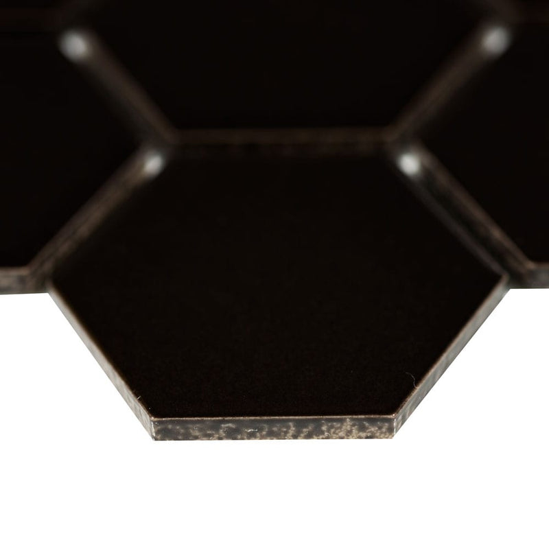 Black 2" hexagon 11.63"x12.75" matte porcelain mesh mounted mosaic tile SMOT-PT-RETNERO-2HEXM product shot profile view