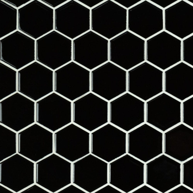 Black 2" hexagon 11.63"x12.75" matte porcelain mesh mounted mosaic tile SMOT-PT-RETNERO-2HEXM product shot top view