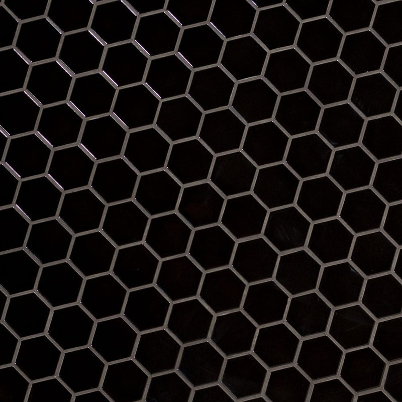 Black 2" hexagon 11.63"x12.75" matte porcelain mesh mounted mosaic tile SMOT-PT-RETNERO-2HEXM product shot wall view 2