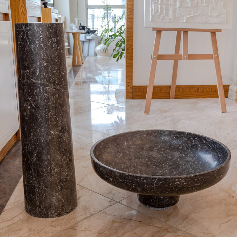 Natural Stone Black Marble Stand-alone Pedestal Sink Polished (D)20" (H)33.5" base and top view