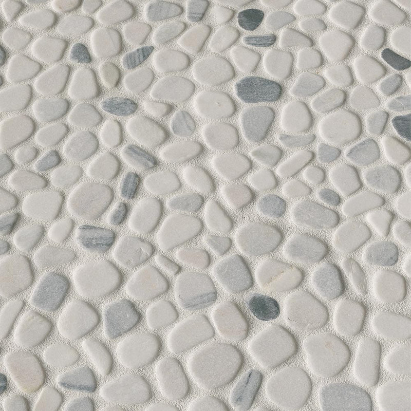 Black and white pebbles 11.42X11.42 marble mesh mounted mosaic tile THDW1-SH-PEB product shot multiple tiles angle view
