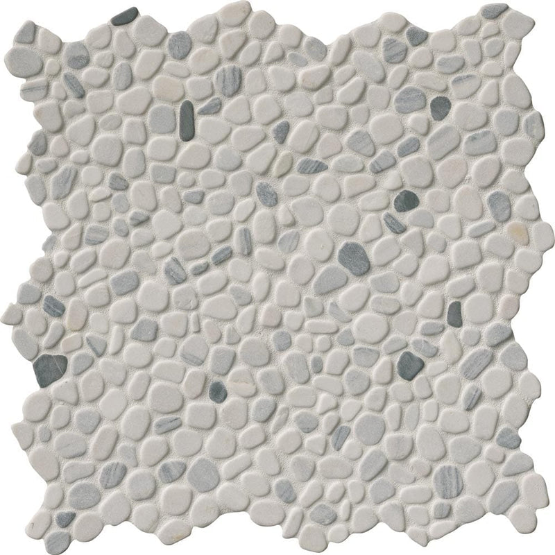 Black and white pebbles 11.42X11.42 marble mesh mounted mosaic tile THDW1-SH-PEB product shot multiple tiles top view