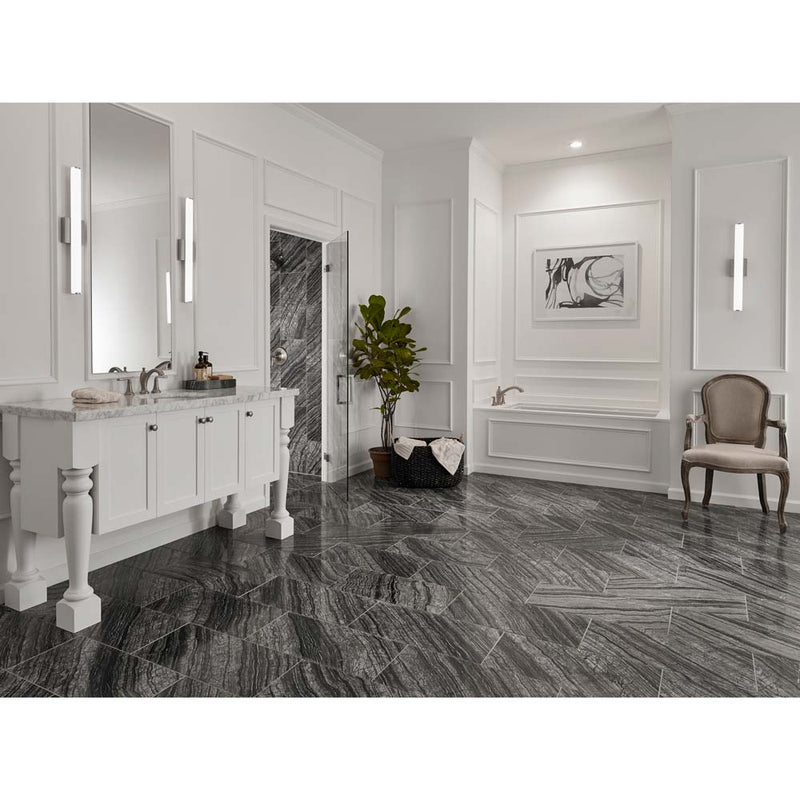 Black oak 12 in x 24 in polished marble floor and wall tile TBLKOAK12240.38P product shot tile bathroom view