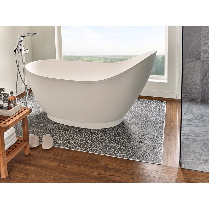 Black pebbles 11.42x11.42 tumbled marble mesh mounted mosaic tile SMOT-PEB-BLK-product shot bath view