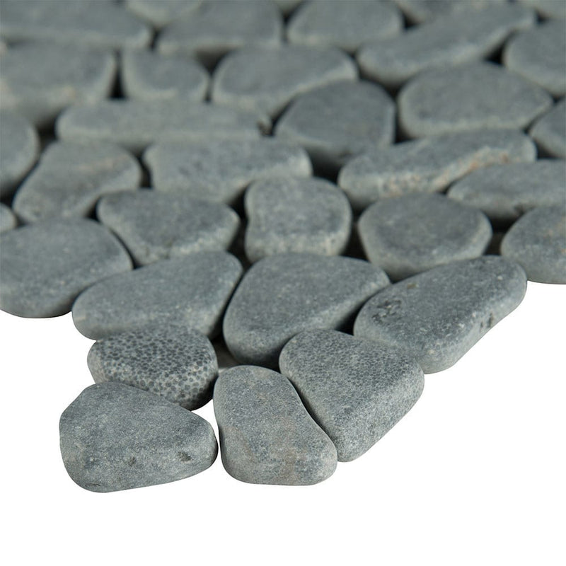 Black pebbles 11.42x11.42 tumbled marble mesh mounted mosaic tile  SMOT-PEB-BLK product shot multiple stone view