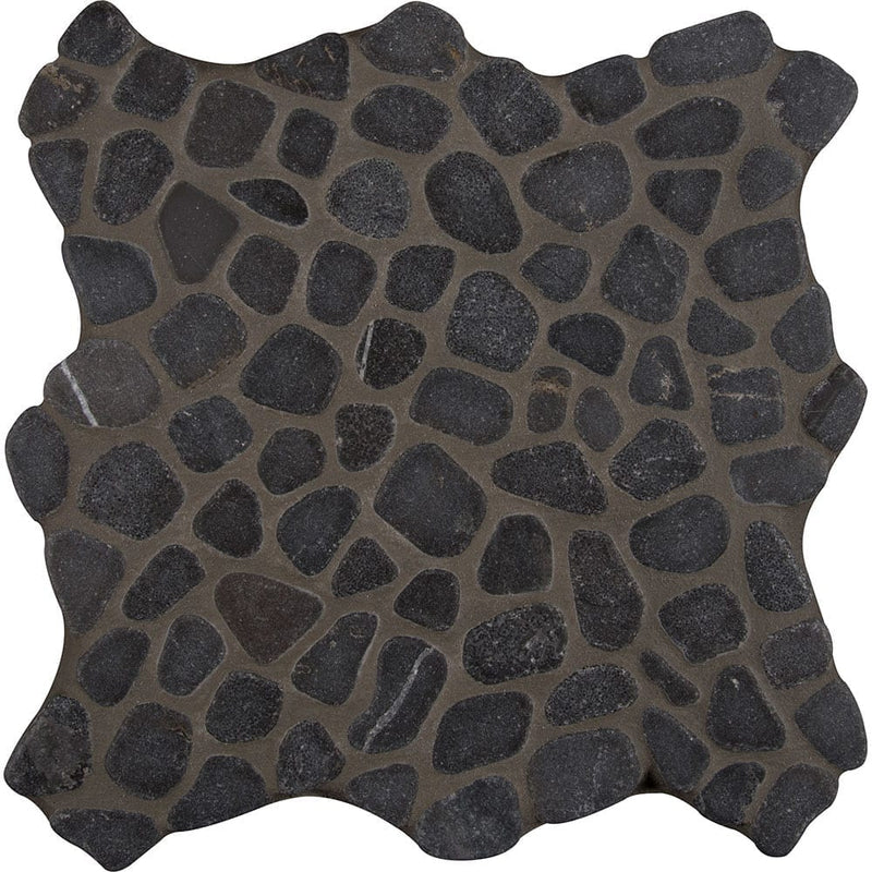Black pebbles 11.42x11.42 tumbled marble mesh mounted mosaic tile SMOT-PEB-BLK product shot multiple tiles view