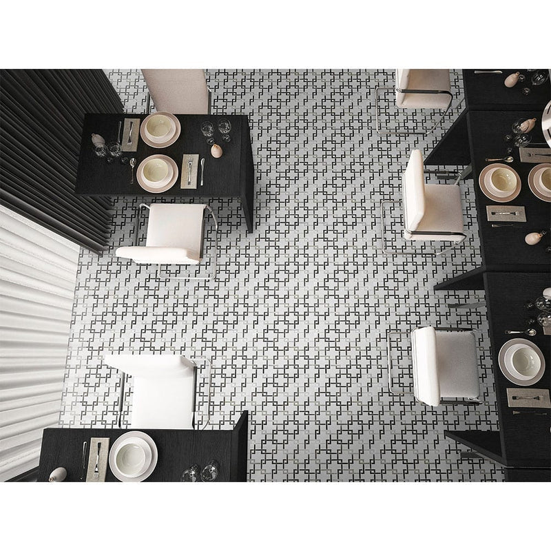 Blanco lynx 10.47x10.4 polished stone &amp; metal mesh mounted mosaic tile SMOT-SMTL-BLALYN8MM product shot dining room view