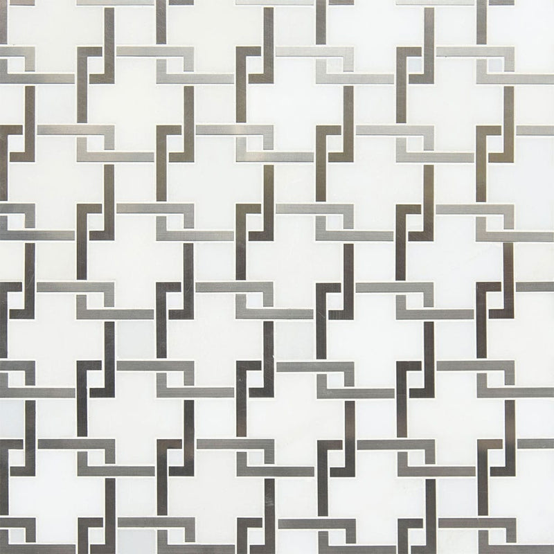 Blanco lynx 10.47x10.4 polished stone &amp; metal mesh mounted mosaic tile SMOT-SMTL-BLALYN8MM product shot multiple tiles top view