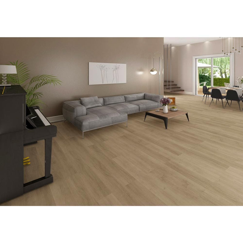 Blonde oak rigid core luxury vinyl plank flooring 7x48 SPC13040748-22M installed on living room floor