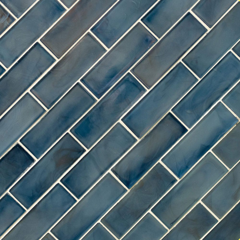 Blue shimmer 11.75" x 11.75" glass mesh-mounted mosaic tile SMOT-GLSST-BLUSHI6MM product shot angle view