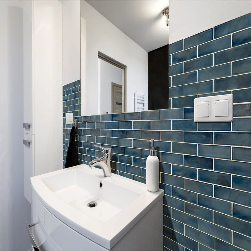 Blue shimmer 11.75" x 11.75" glass mesh-mounted mosaic tile SMOT-GLSST-BLUSHI6MM product shot bathroom wall view