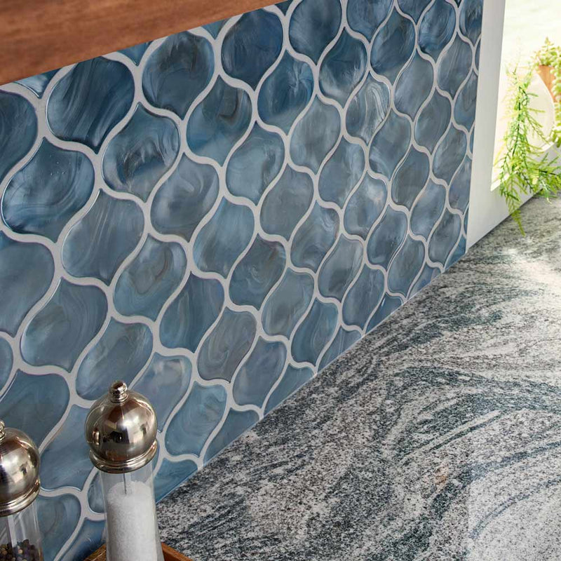 Blue shimmer arabesque 10 in x 10.20 in glass meshmounted mosaic tile SMOT-GLS-BLUSHI8MM prod shot close view