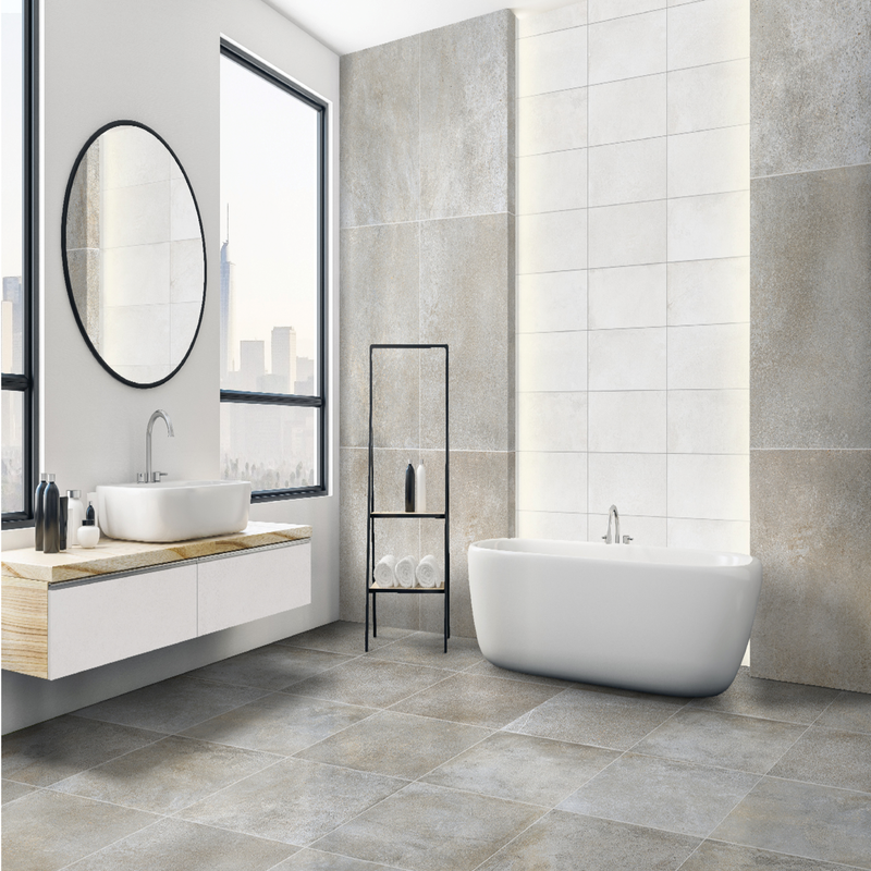 Boxhill greige textured porcelain floor and wall tile  liberty us collection room shot bathroom view