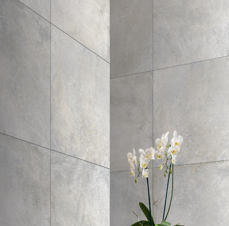Boxhill toupe textured porcelain floor and wall tile  liberty us collection room shot hallway view