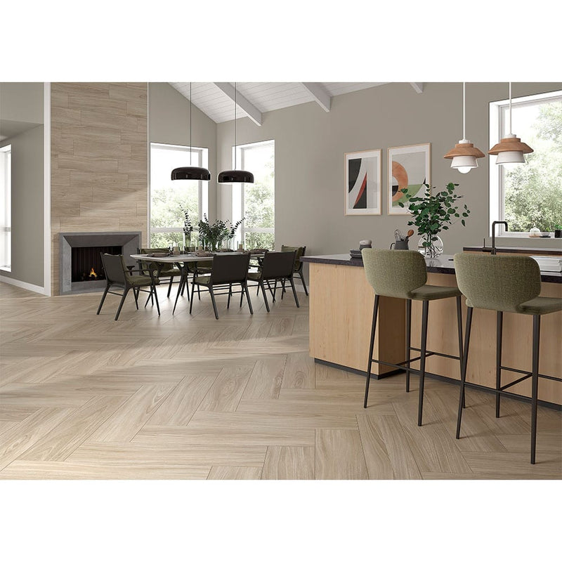 Braxton saddle 9.84x39.37 matte porcelain floor and wall tile NBRASAD10X40 product shot dining room view