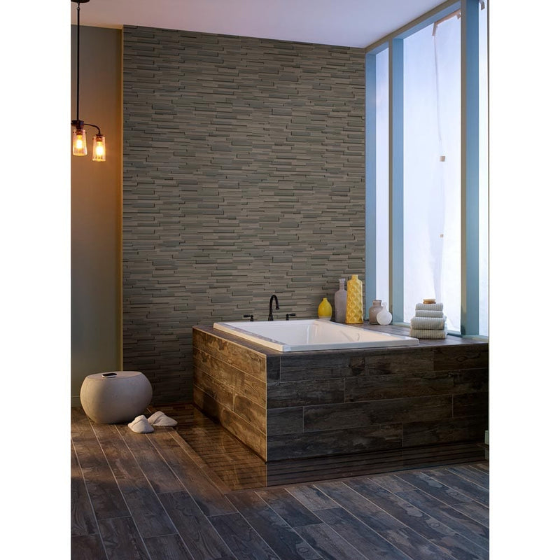 Brown wave 3D ledger corner 6 x 18 honed sandstone wall tile LPNLDBROWAV618COR-3DH product shot bathroom view