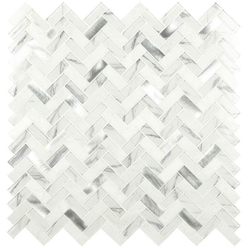 Bytle bianco herringbone 12 x 12 glass metal stone mesh mounted mosaic tile pattern SMOT-SGLSMT-BYTBIA6MM product shot multiple tiles top view